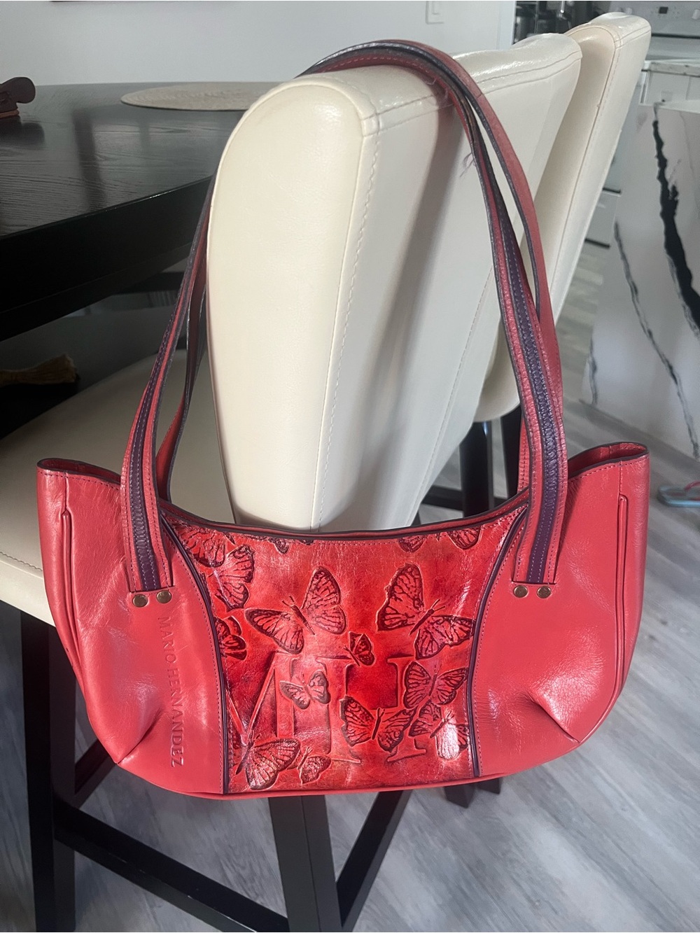 Women’s Red Butterfly-Embossed Leather Shoulder Bag